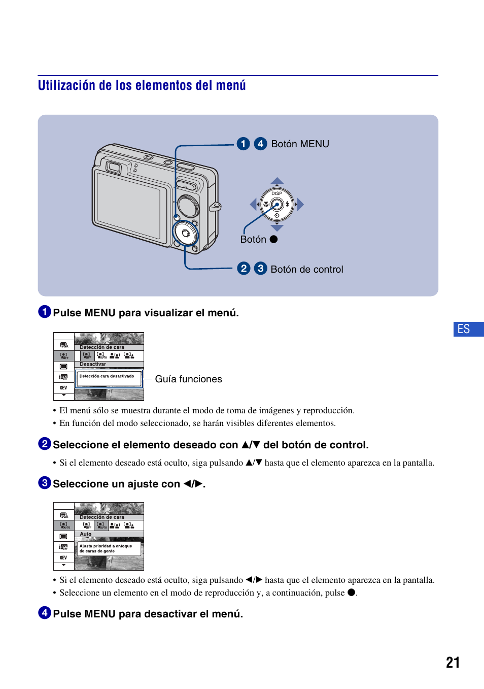 Utilización de los elementos del menú, Utilización de los elementos del menú 1 | Sony DSC-W300 User Manual | Page 59 / 76