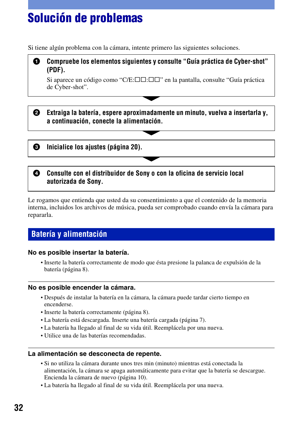 Solución de problemas, Batería y alimentación | Sony DSC-W300 User Manual | Page 70 / 76