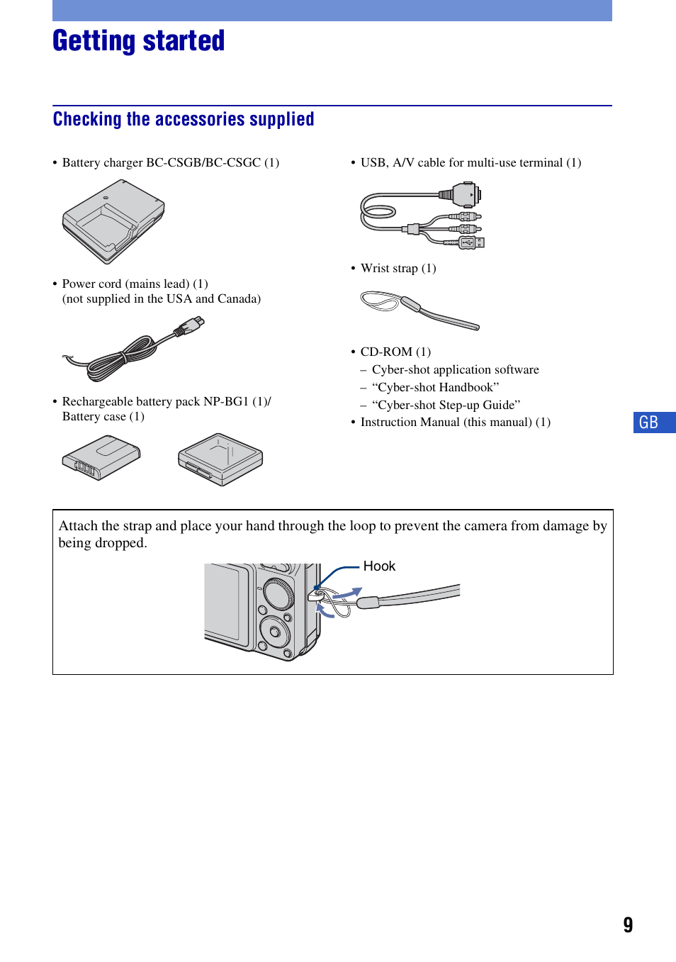 Getting started, Checking the accessories supplied | Sony DSC-W300 User Manual | Page 9 / 76