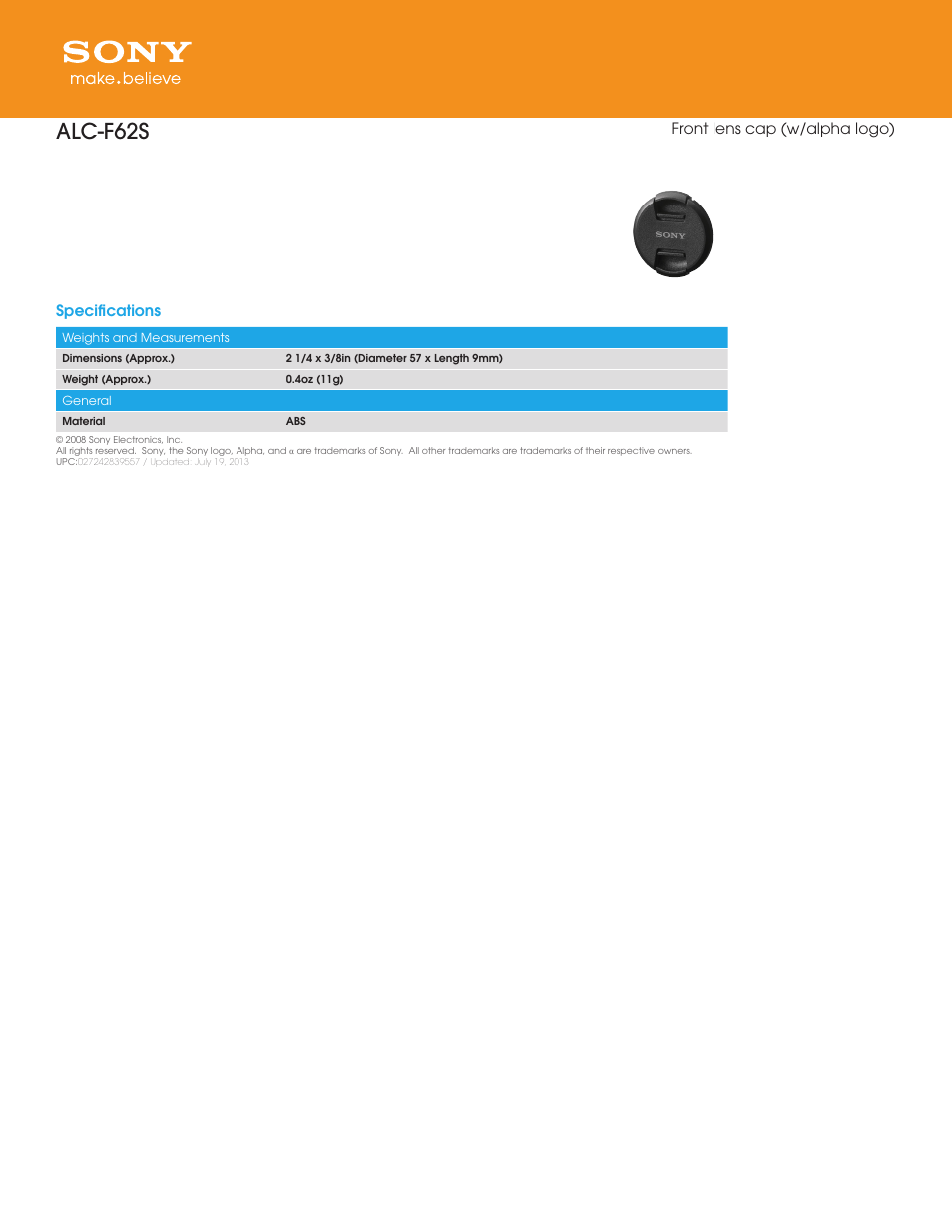 Sony ALC-F62S User Manual | 1 page