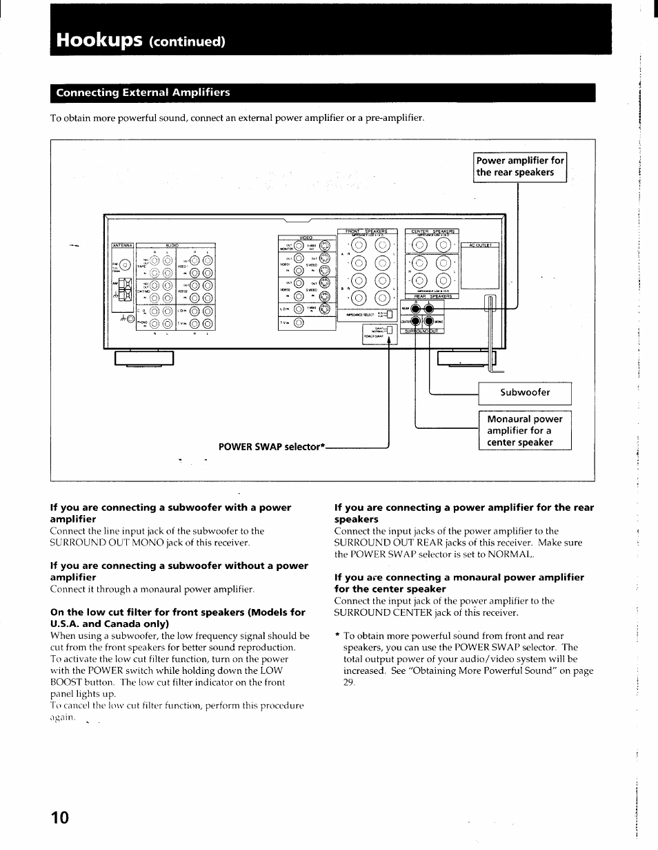 Connecting external amplifiers, Hookups | Sony STR-GX900ES User Manual | Page 10 / 50