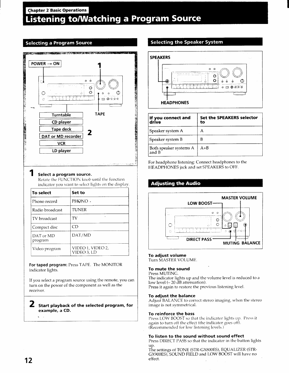 Listening to/watching a program source, Selecting a program source, Selecting the speaker system | Turntable, To adjust volume, To mute the sound, To adjust the balance, To reinforce the bass, To listen to the sound without sound effect | Sony STR-GX900ES User Manual | Page 12 / 50