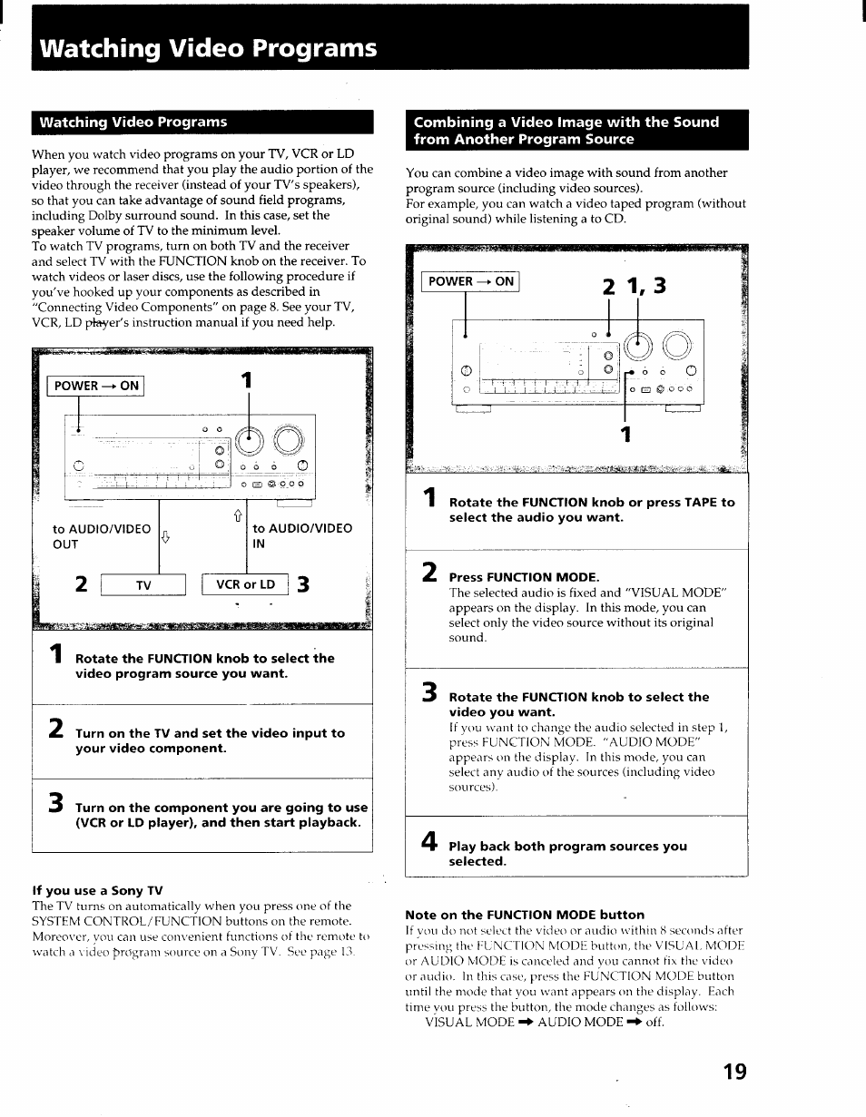 Watching vídeo programs, Watching video programs, Note on the function mode button | Sony STR-GX900ES User Manual | Page 19 / 50