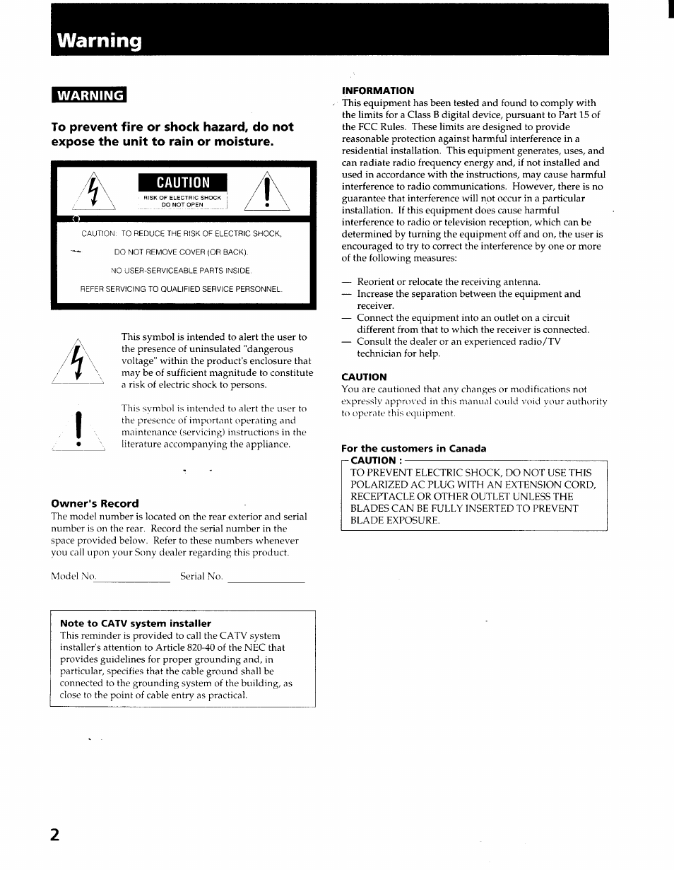 Warning, Owner's record, Note to catv system installer | Information, Caution, For the customers in canada caution | Sony STR-GX900ES User Manual | Page 2 / 50