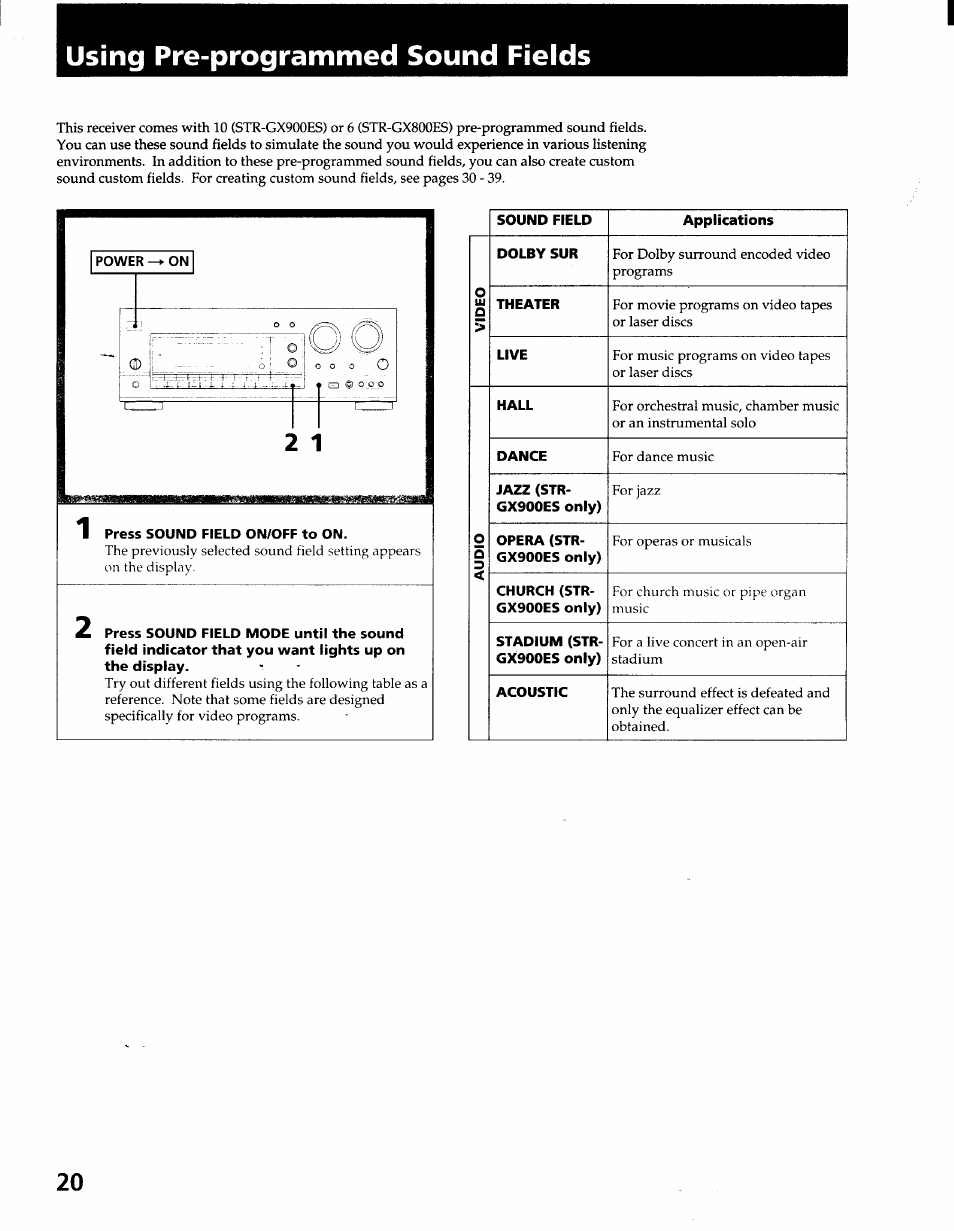 Using pre-programmed sound fields, Press sound field on/off to on | Sony STR-GX900ES User Manual | Page 20 / 50