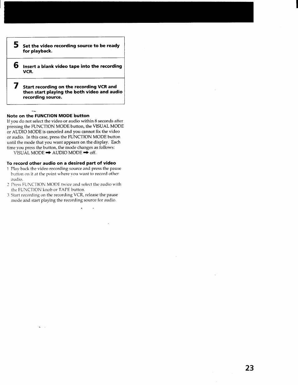 6 insert a blank video tape into the recording vcr, Note on the function mode button, To record other audio on a desired part of video | Sony STR-GX900ES User Manual | Page 23 / 50