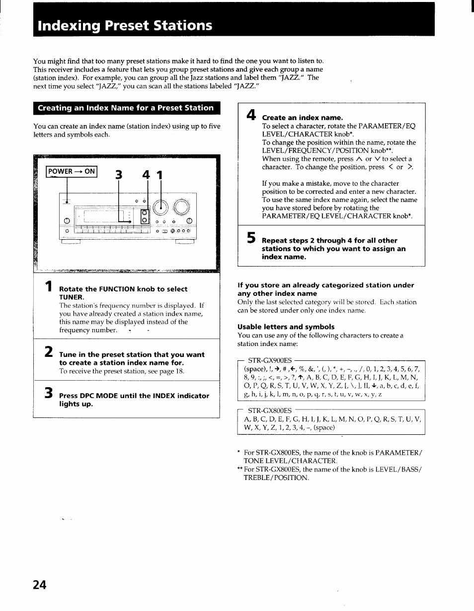 Indexing preset stations, Creating an index name for a preset station, Indexing the preset stations | Sony STR-GX900ES User Manual | Page 24 / 50