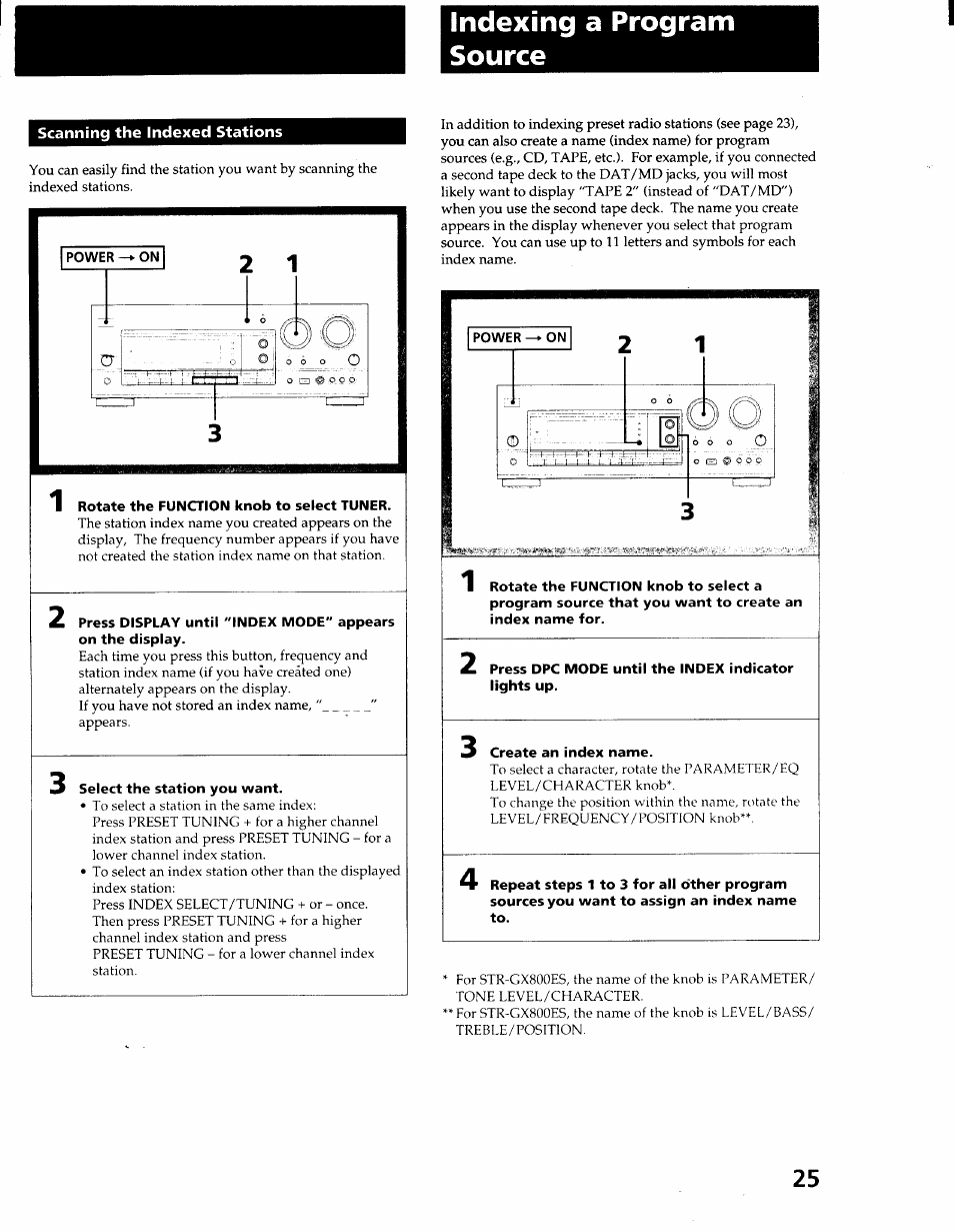 Indexing a program source, Scanning the indexed stations, Rotate the function knob to select tuner | Press dpc mode until the index indicator lights up | Sony STR-GX900ES User Manual | Page 25 / 50