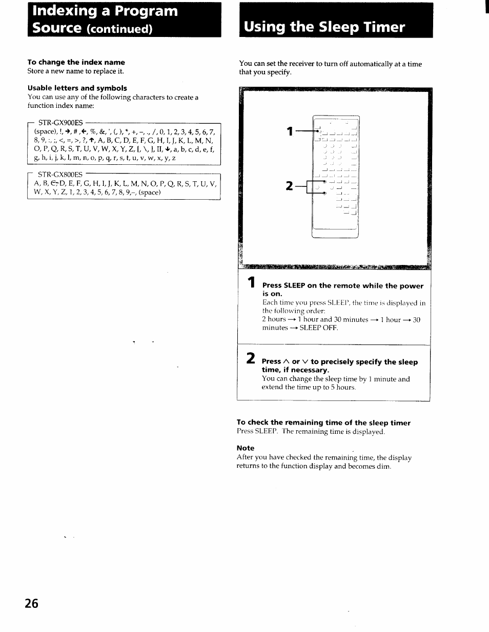 Indexing a program source (continued), Using the sleep timer, To change the index name | Usable letters and symbols, Press sleep on the remote while the power is on, To check the remaining time of the sleep timer, Note, Using sleep timer, Indexing a program source, Continued) | Sony STR-GX900ES User Manual | Page 26 / 50