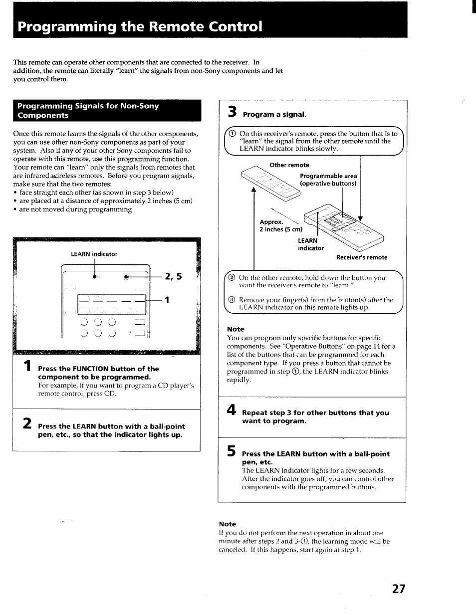 Programming the remote control, Programming signals for non-sony components, Program a signal | Note, Press the learn button with a ball-point pen, etc | Sony STR-GX900ES User Manual | Page 27 / 50