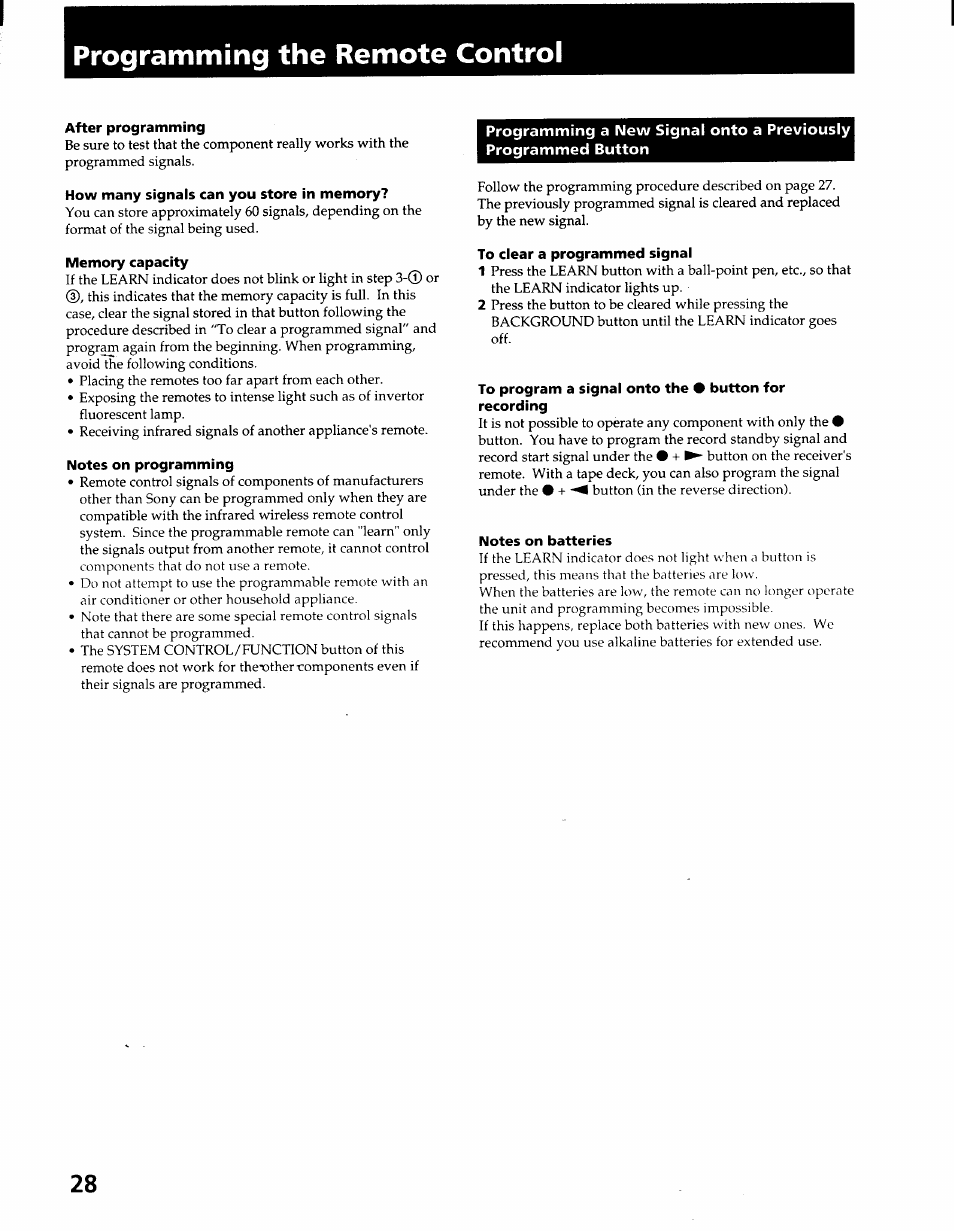 Programirimg the remote control, After programming, How many signals can you store in memory | Memory capacity, To clear a programmed signal, Notes on batteries | Sony STR-GX900ES User Manual | Page 28 / 50
