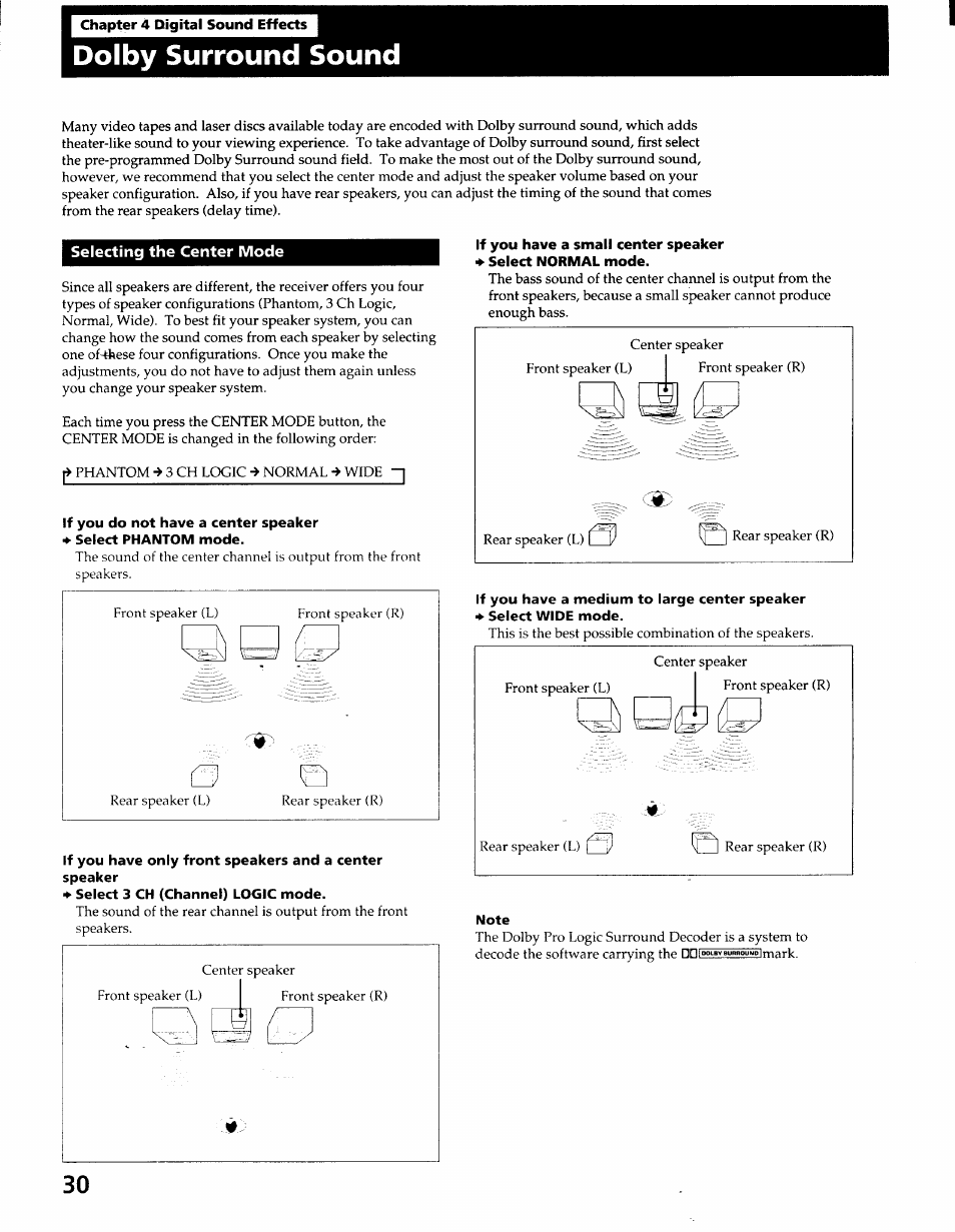 Chapter 4 digital sound effects, Dolby surround sound, Selecting the center mode | Note | Sony STR-GX900ES User Manual | Page 30 / 50