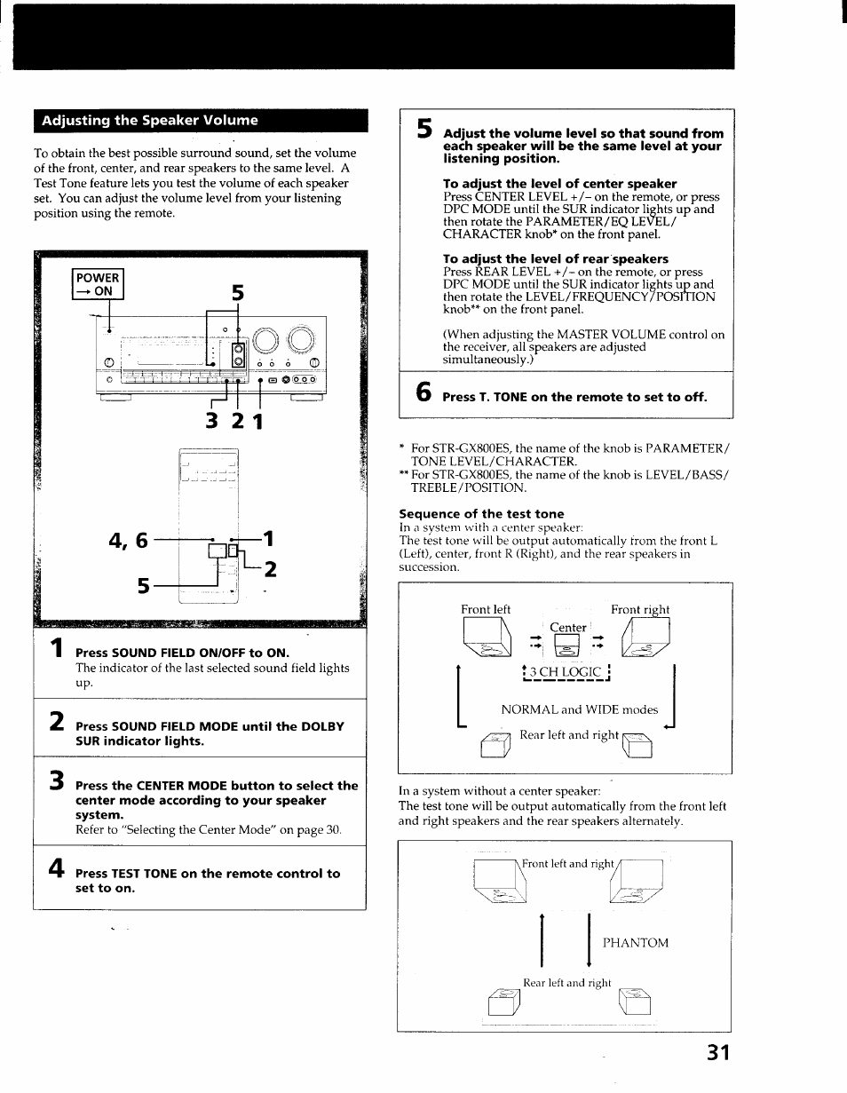 Adjusting the speaker volume, Sequence of the test tone | Sony STR-GX900ES User Manual | Page 31 / 50