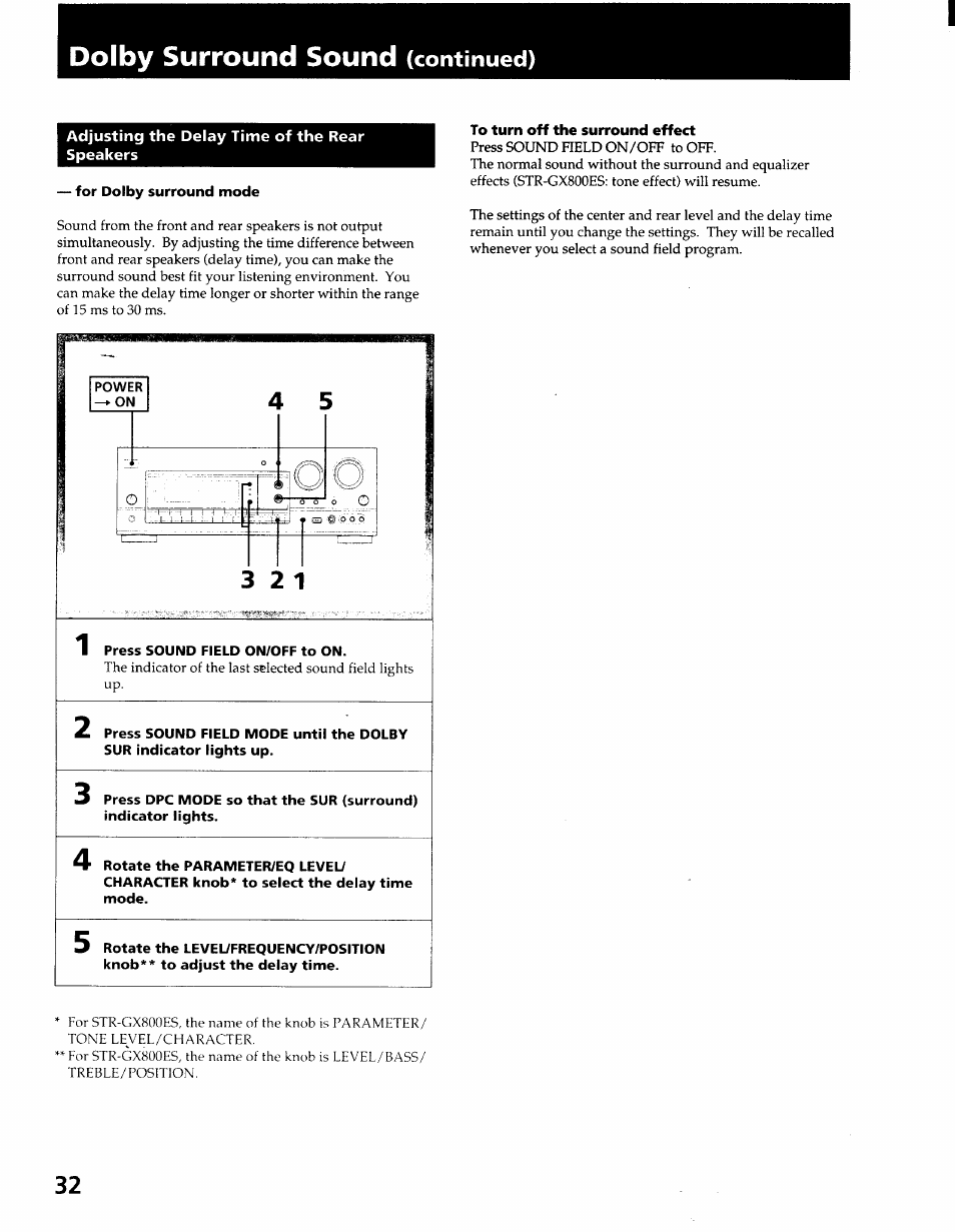 Adjusting the delay time of the rear speakers, For dolby surround mode, To turn off the surround effect | Press sound field on/off to on, Dolby surround sound, Continued) | Sony STR-GX900ES User Manual | Page 32 / 50