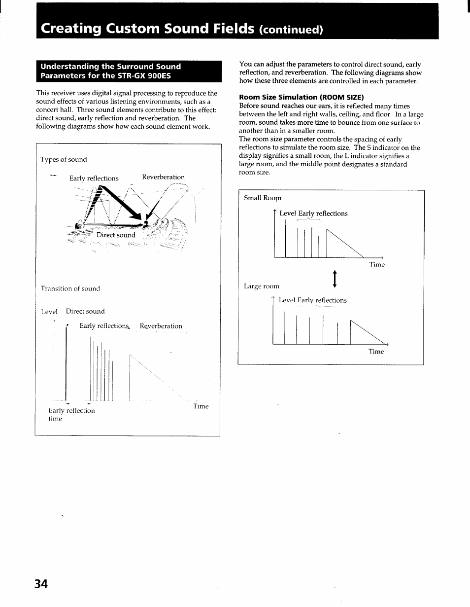 Room size simulation (room size), Creating custom sound fields, Continued) | Sony STR-GX900ES User Manual | Page 34 / 50