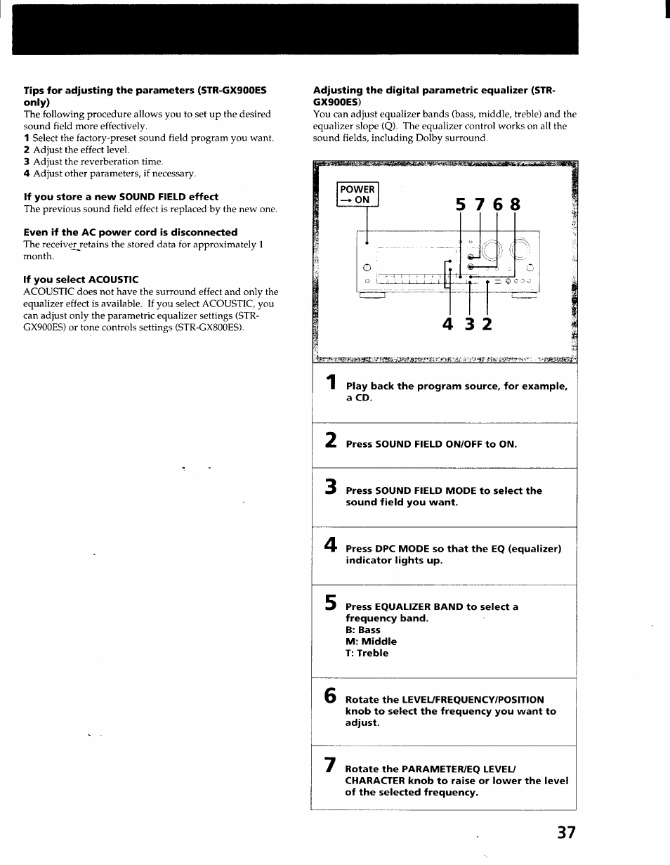 If you store a new sound field effect, Even if the ac power cord is disconnected, If you select acoustic | Sony STR-GX900ES User Manual | Page 37 / 50