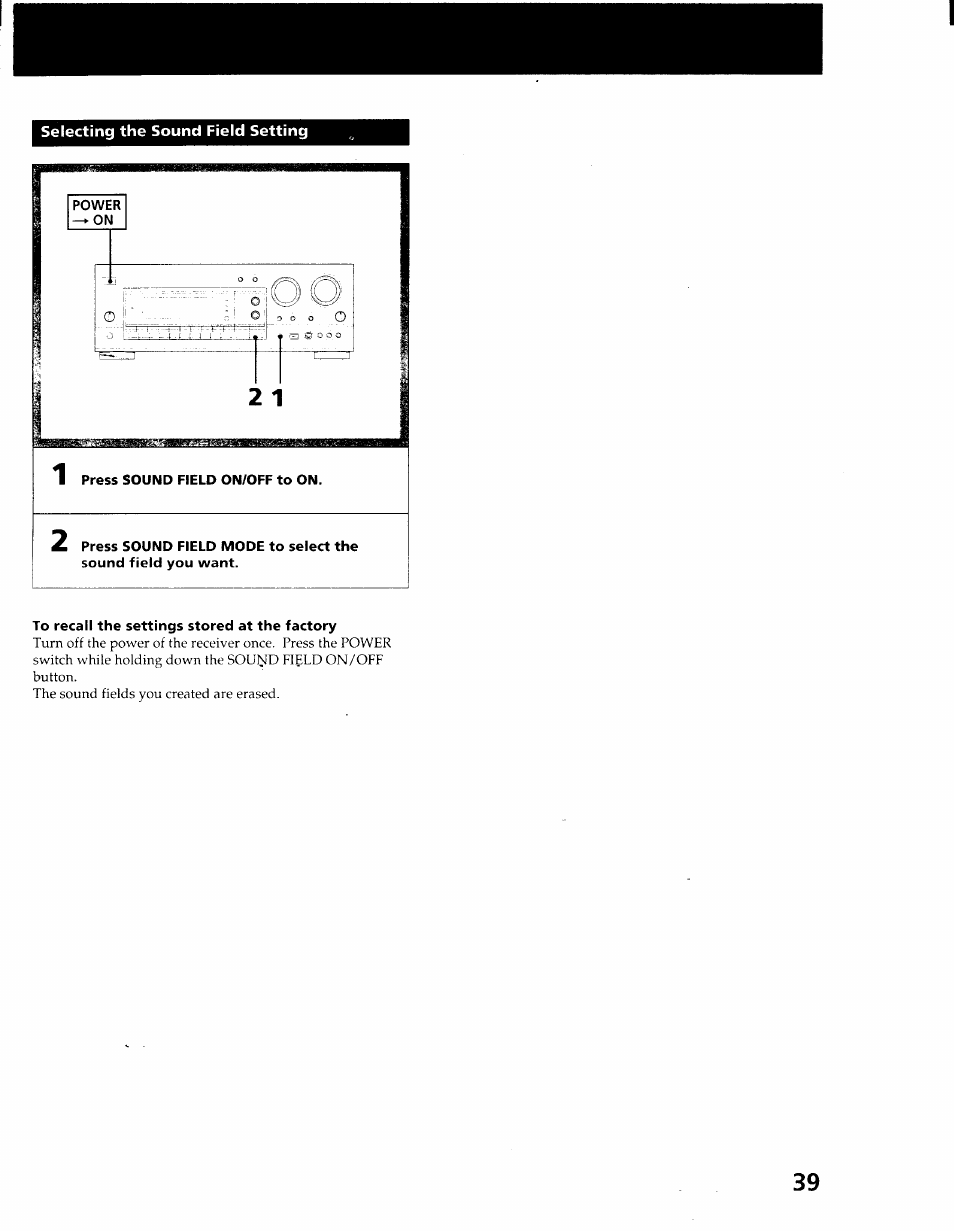 Selecting the sound field setting, To recall the settings stored at the factory | Sony STR-GX900ES User Manual | Page 39 / 50