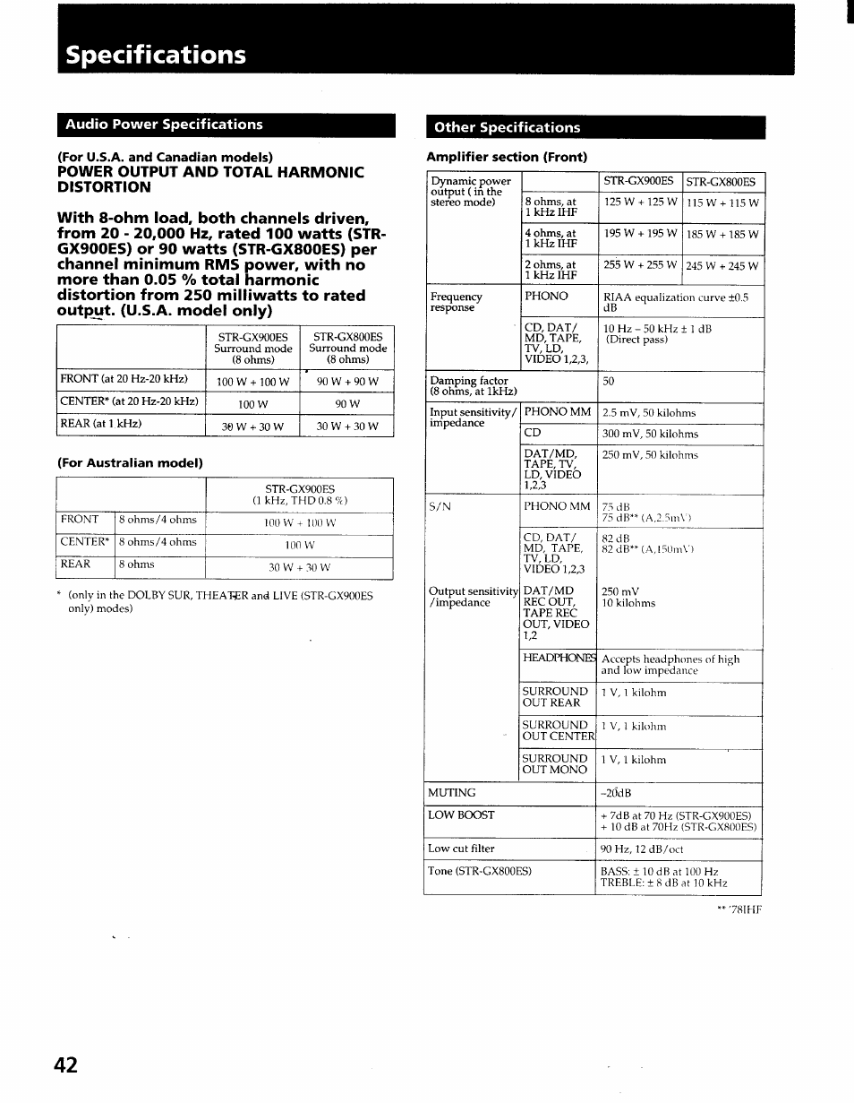 Specifications, Audio power specifications, For u.s.a. and canadian models) | For australian model) | Sony STR-GX900ES User Manual | Page 42 / 50