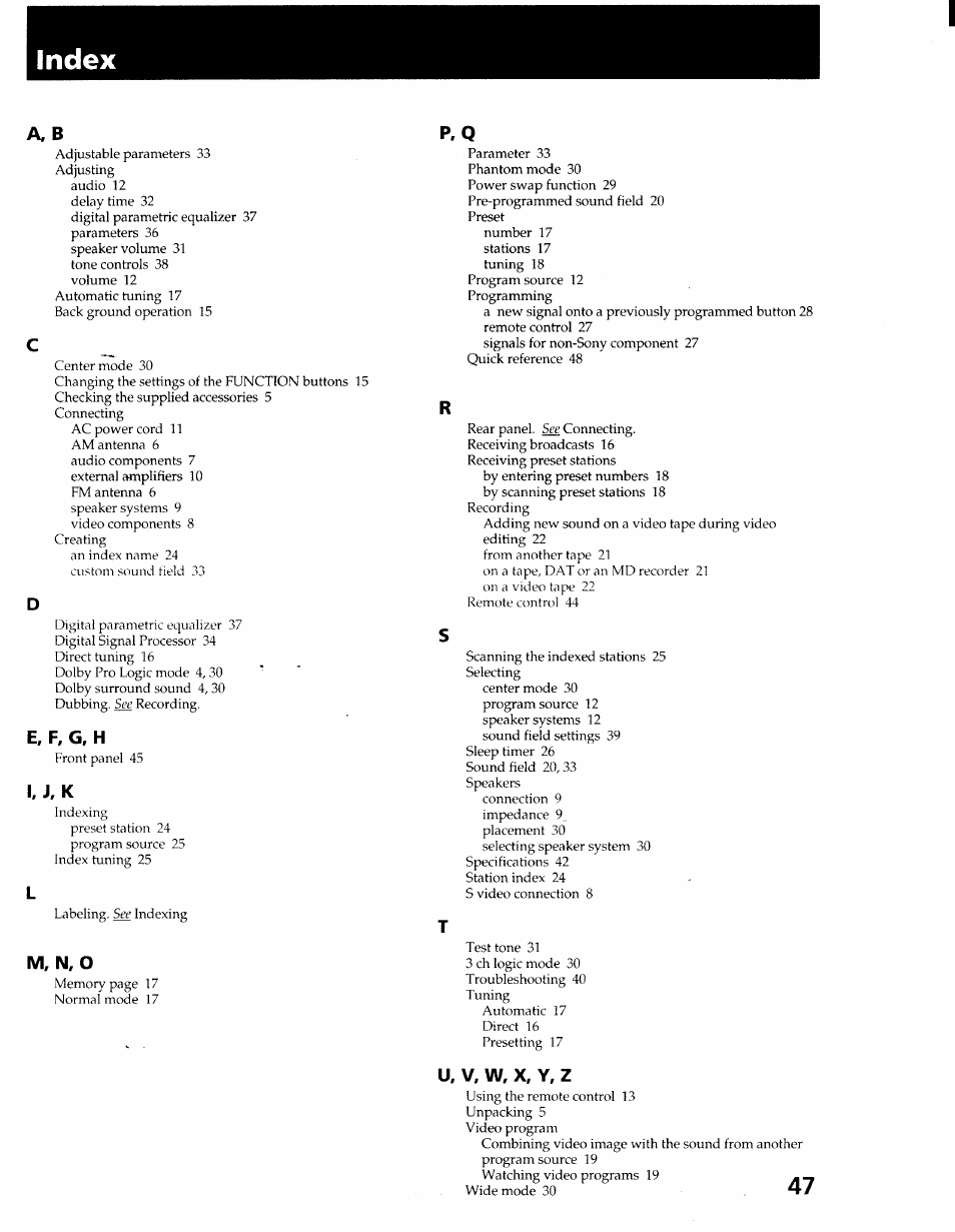 E, f, g, h, I, j, k, U, v. w, x, y, z | Sony STR-GX900ES User Manual | Page 47 / 50