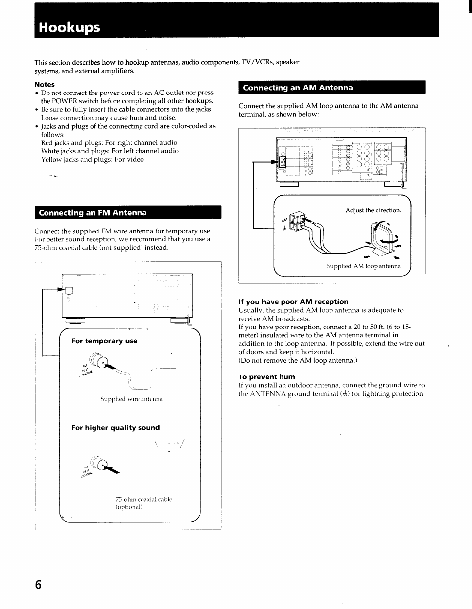 Hookups, Notes, Connecting an am antenna | Connecting an fm antenna, If you have poor am reception, To prevent hum, Connecting an fm antenna connecting an am antenna | Sony STR-GX900ES User Manual | Page 6 / 50