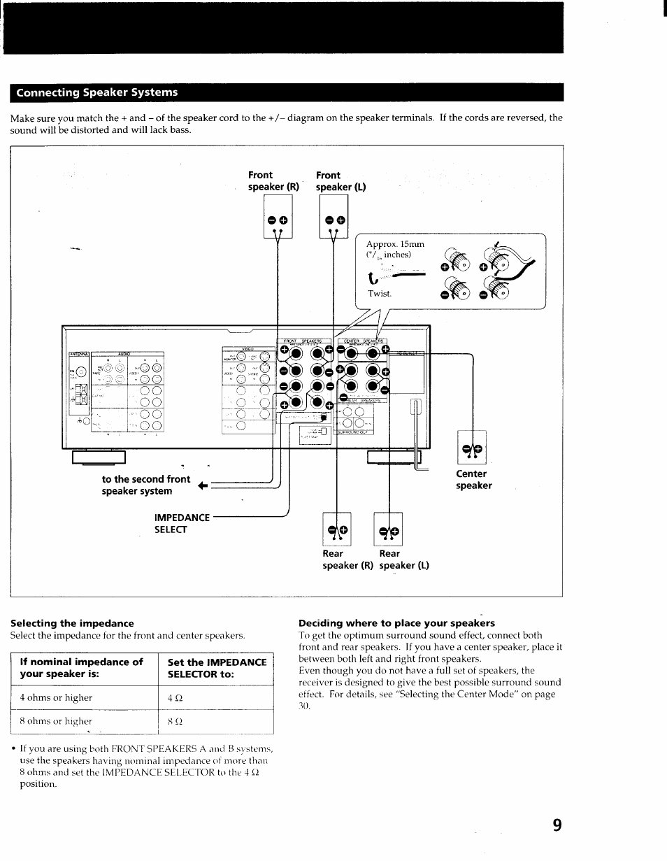 Connecting speaker systems, Front front, Speaker (r) speaker (l) | To the second front speaker system, Impedance, Select, Rear, Selecting the impedance, Deciding where to place your speakers, Connechrg speaker systems | Sony STR-GX900ES User Manual | Page 9 / 50