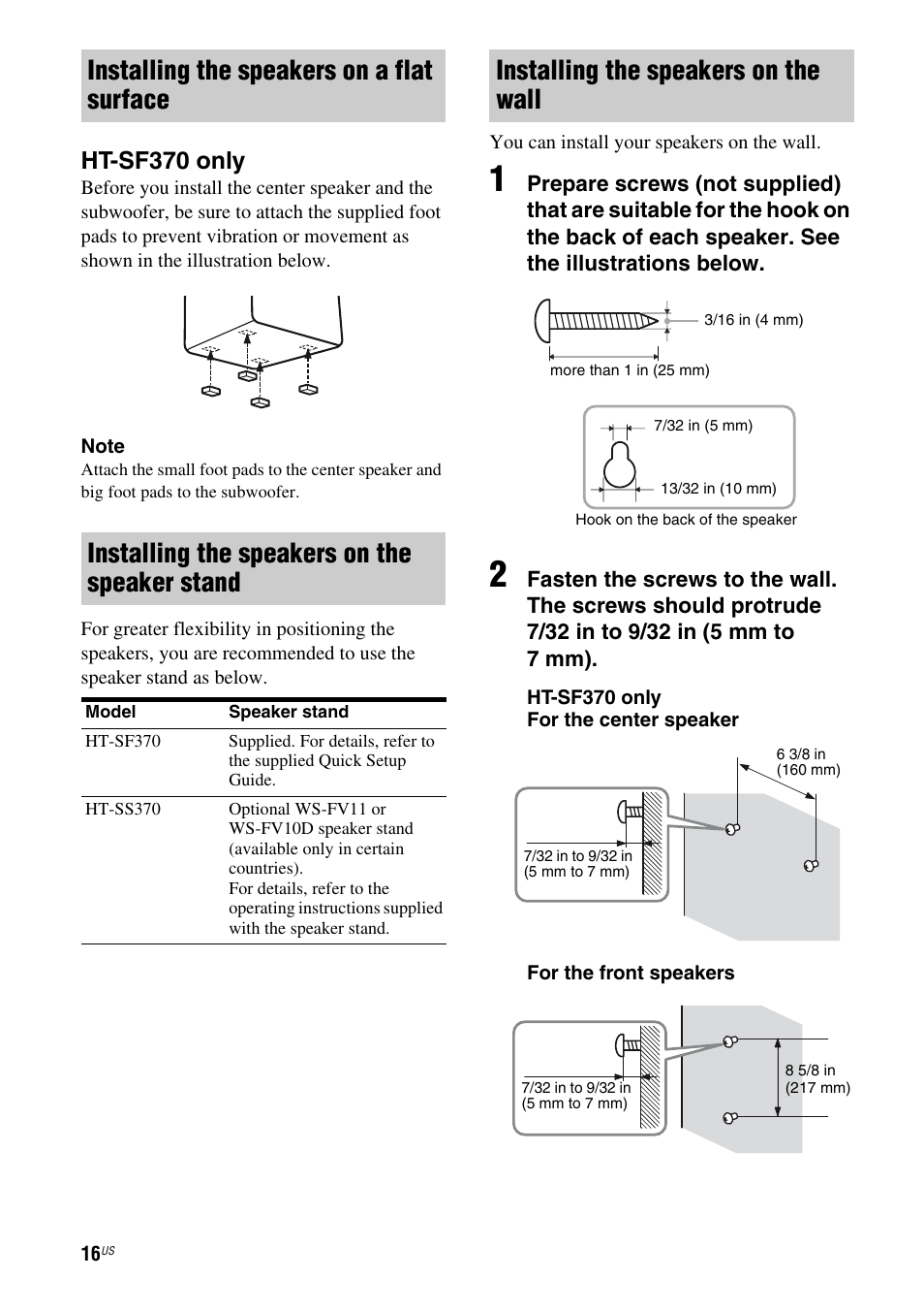 Installing the speakers on the wall, Ht-sf370 only | Sony HT-SS370HP User Manual | Page 16 / 76