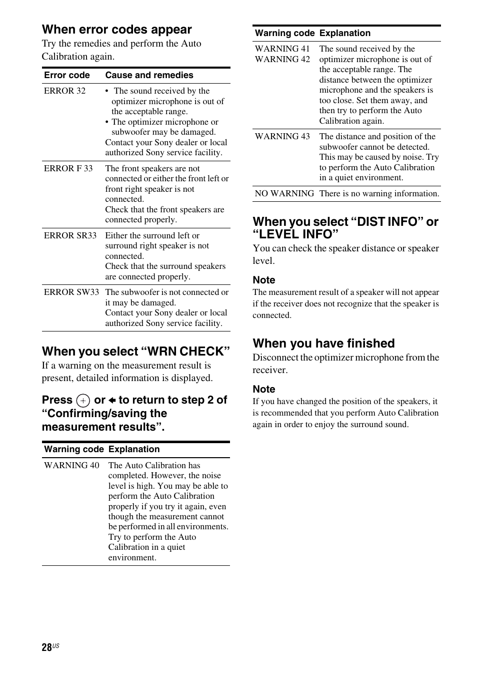 When error codes appear, When you select “wrn check, When you select “dist info” or “level info | When you have finished | Sony HT-SS370HP User Manual | Page 28 / 76