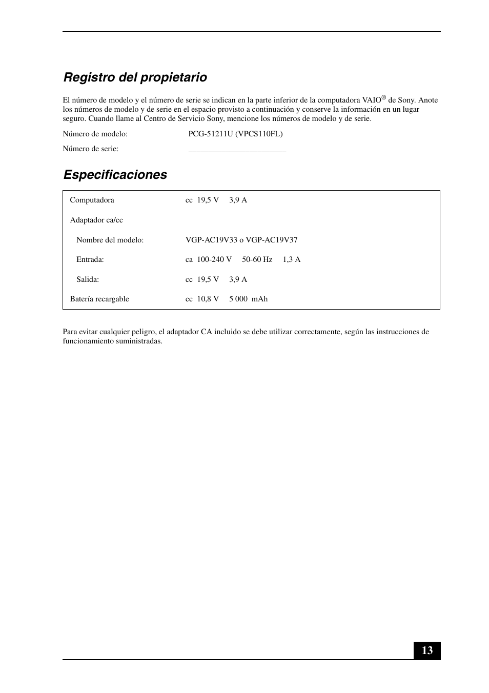 Registro del propietario, Especificaciones | Sony VPCS111FM User Manual | Page 13 / 24