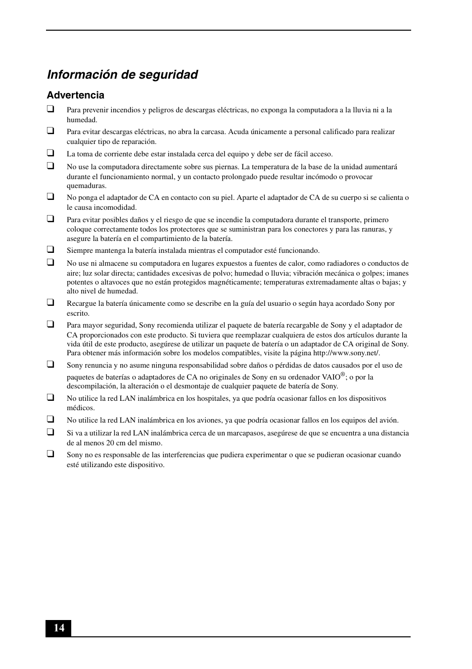 Información de seguridad | Sony VPCS111FM User Manual | Page 14 / 24