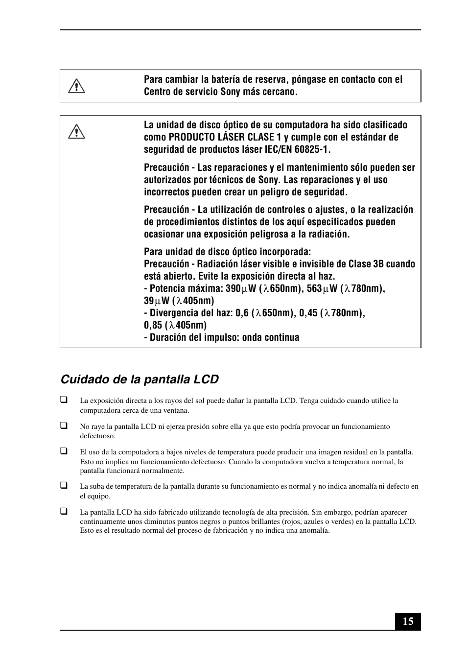 Cuidado de la pantalla lcd | Sony VPCS111FM User Manual | Page 15 / 24