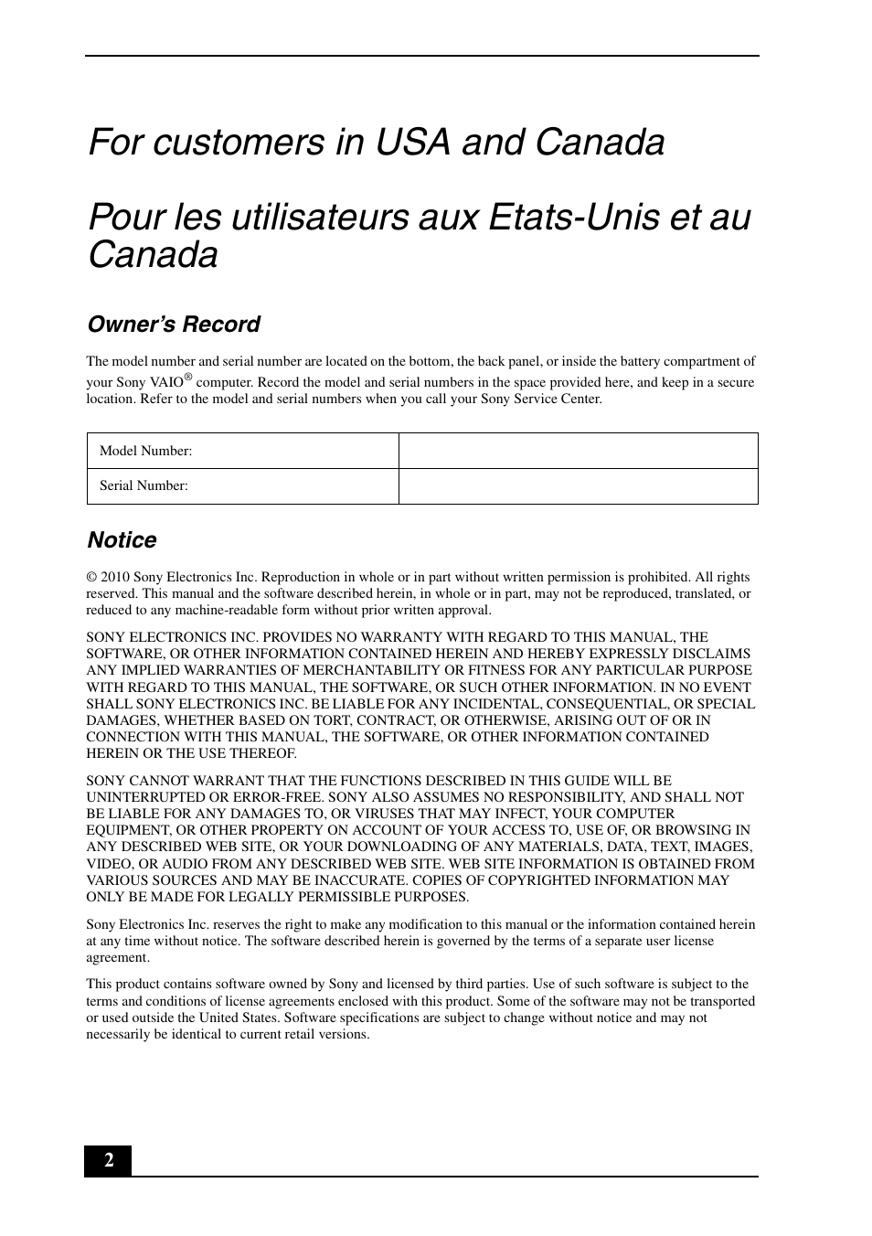 Owner’s record, Notice | Sony VPCS111FM User Manual | Page 2 / 24