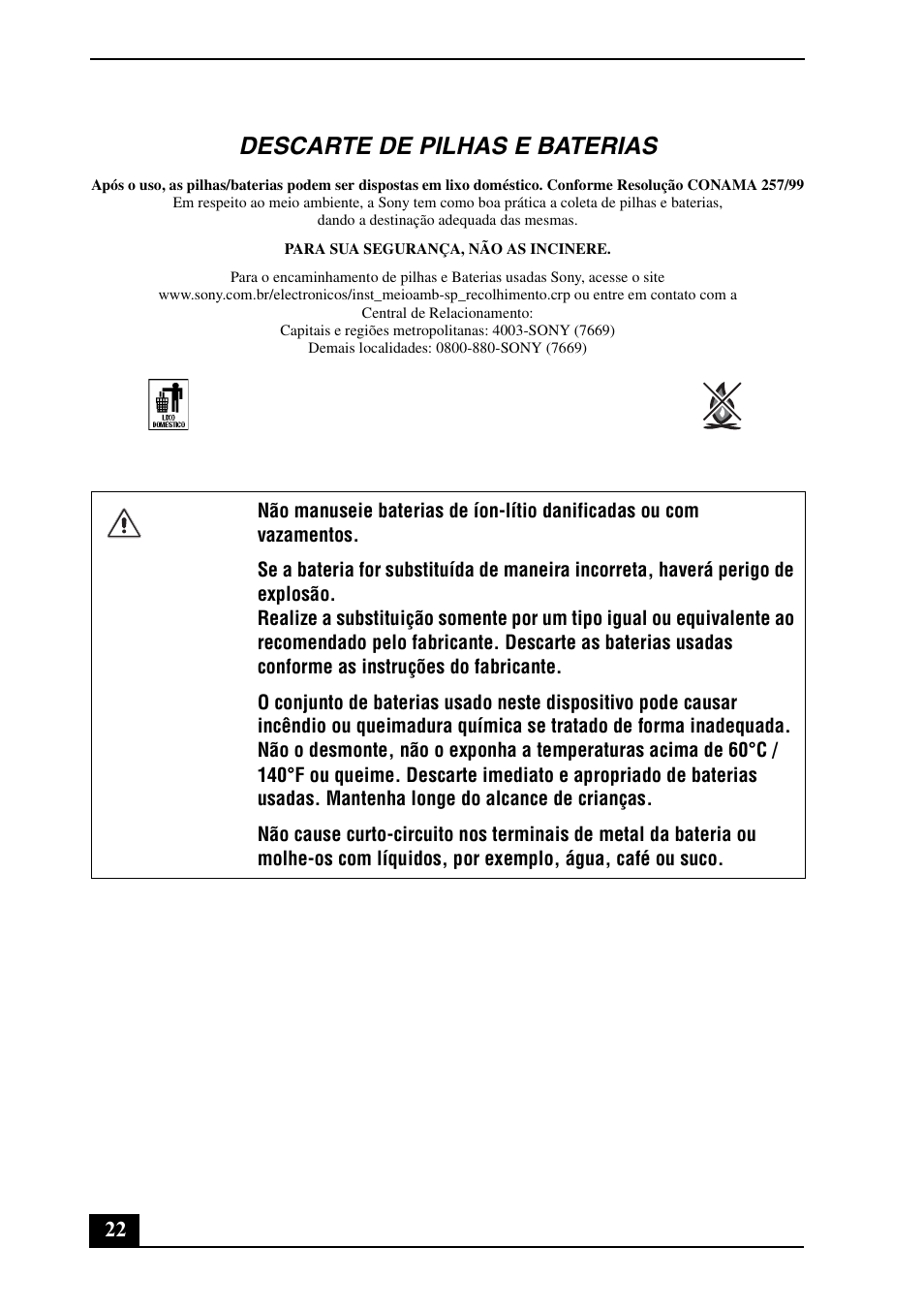 Descarte de pilhas e baterias | Sony VPCS111FM User Manual | Page 22 / 24