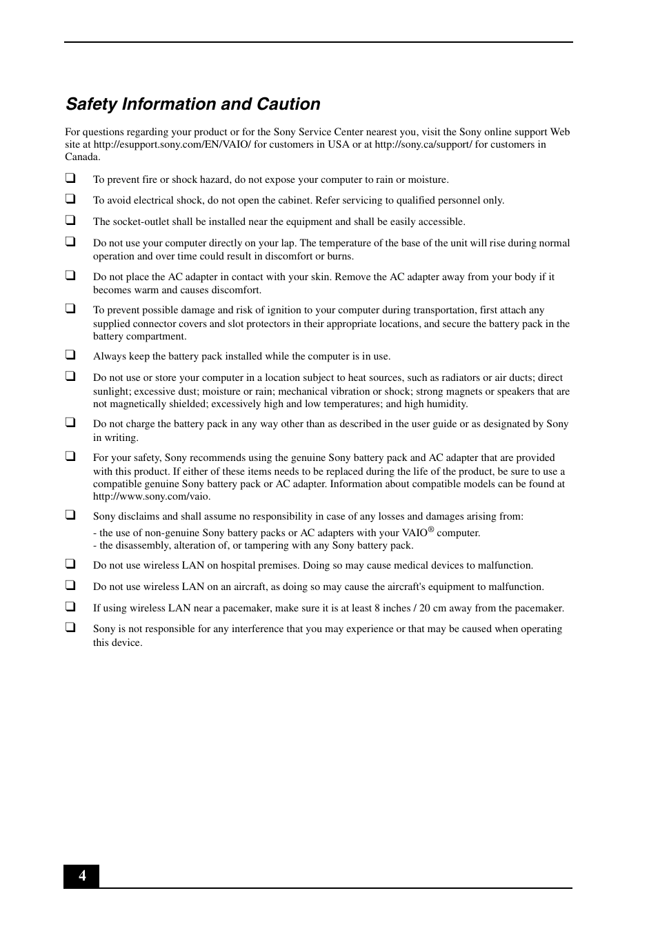 Safety information and caution | Sony VPCS111FM User Manual | Page 4 / 24