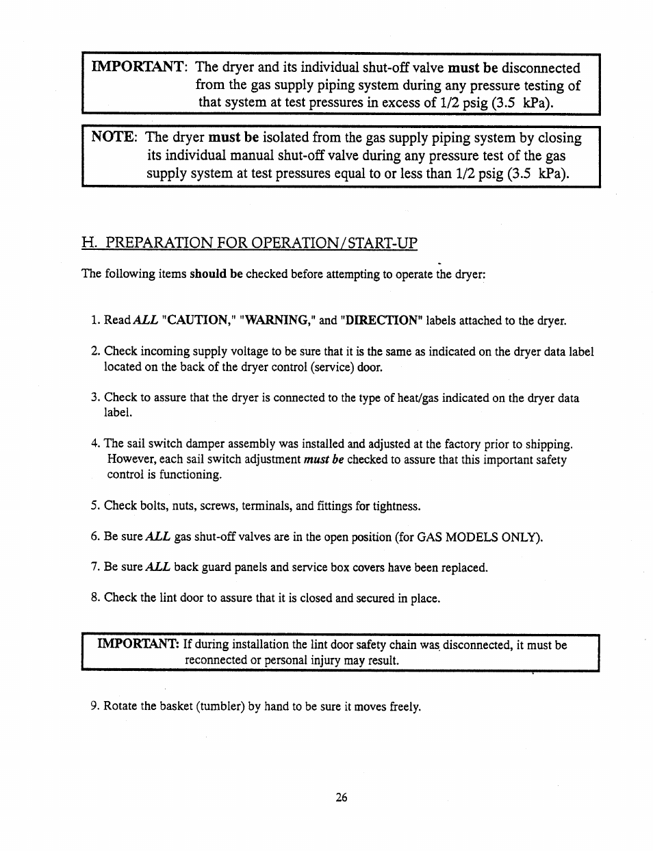 H. preparation for operation/start-up | American Dryer Corp. AD-385 User Manual | Page 30 / 68