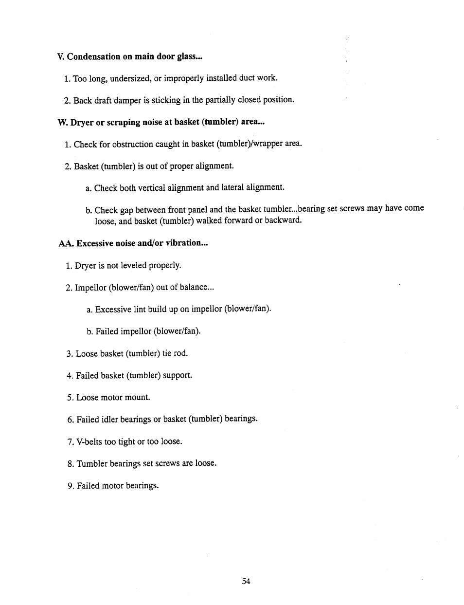 V. condensation on main door glass, Aa. excessive noise and/or vibration | American Dryer Corp. AD-385 User Manual | Page 58 / 68