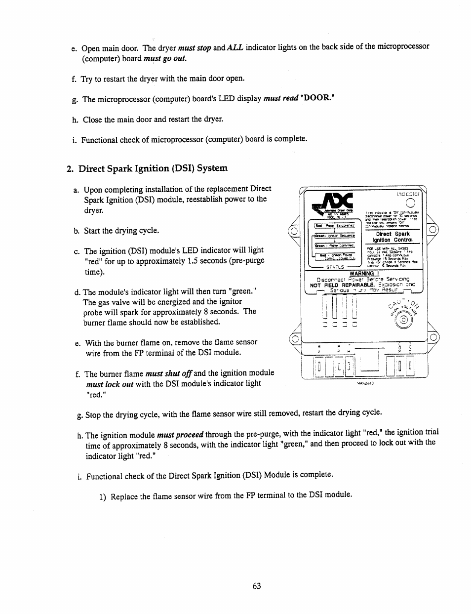 Direct spark ignition (dsi) system, Must stop, Must go out | Must read, Must shut off, Must lock out, Must proceed | American Dryer Corp. AD-385 User Manual | Page 67 / 68