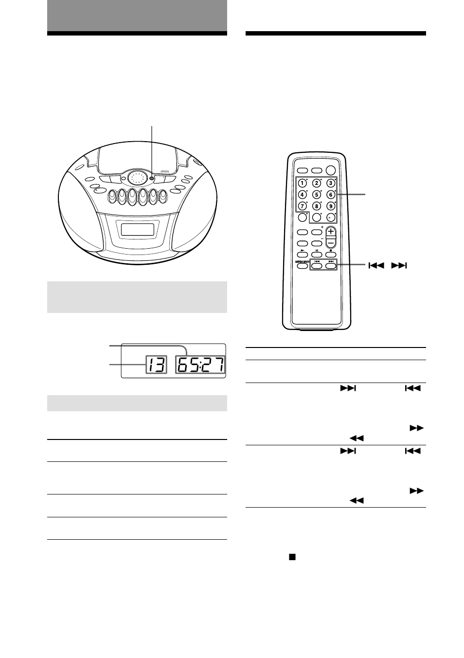 The cd player, Using the display, Locating a specific track | Using the display locating a specific track, 12 the cd player, Checking the remaining time, Checking the total track number and playing time | Sony CFD E75 User Manual | Page 12 / 32