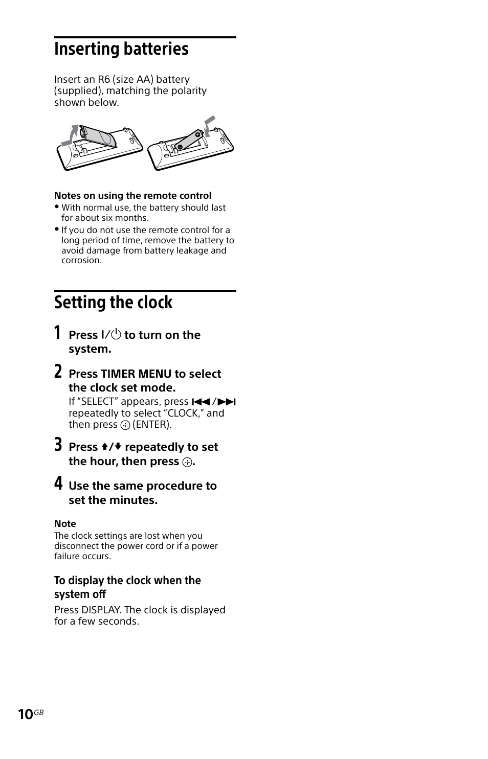 Inserting batteries, Setting the clock, Inserting batteries setting the clock | Sony MHC-EC619IP User Manual | Page 10 / 64