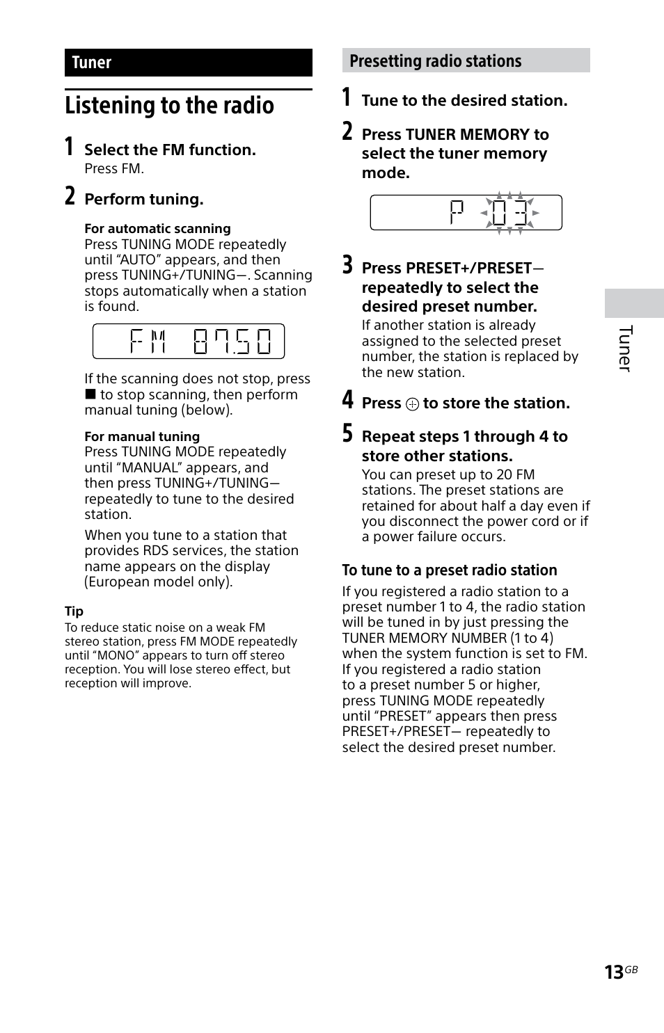 Tuner, Listening to the radio, T uner | Sony MHC-EC619IP User Manual | Page 13 / 64