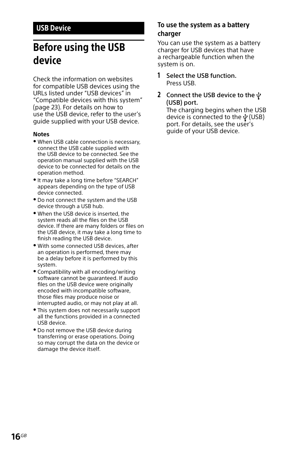 Usb device, Before using the usb device | Sony MHC-EC619IP User Manual | Page 16 / 64