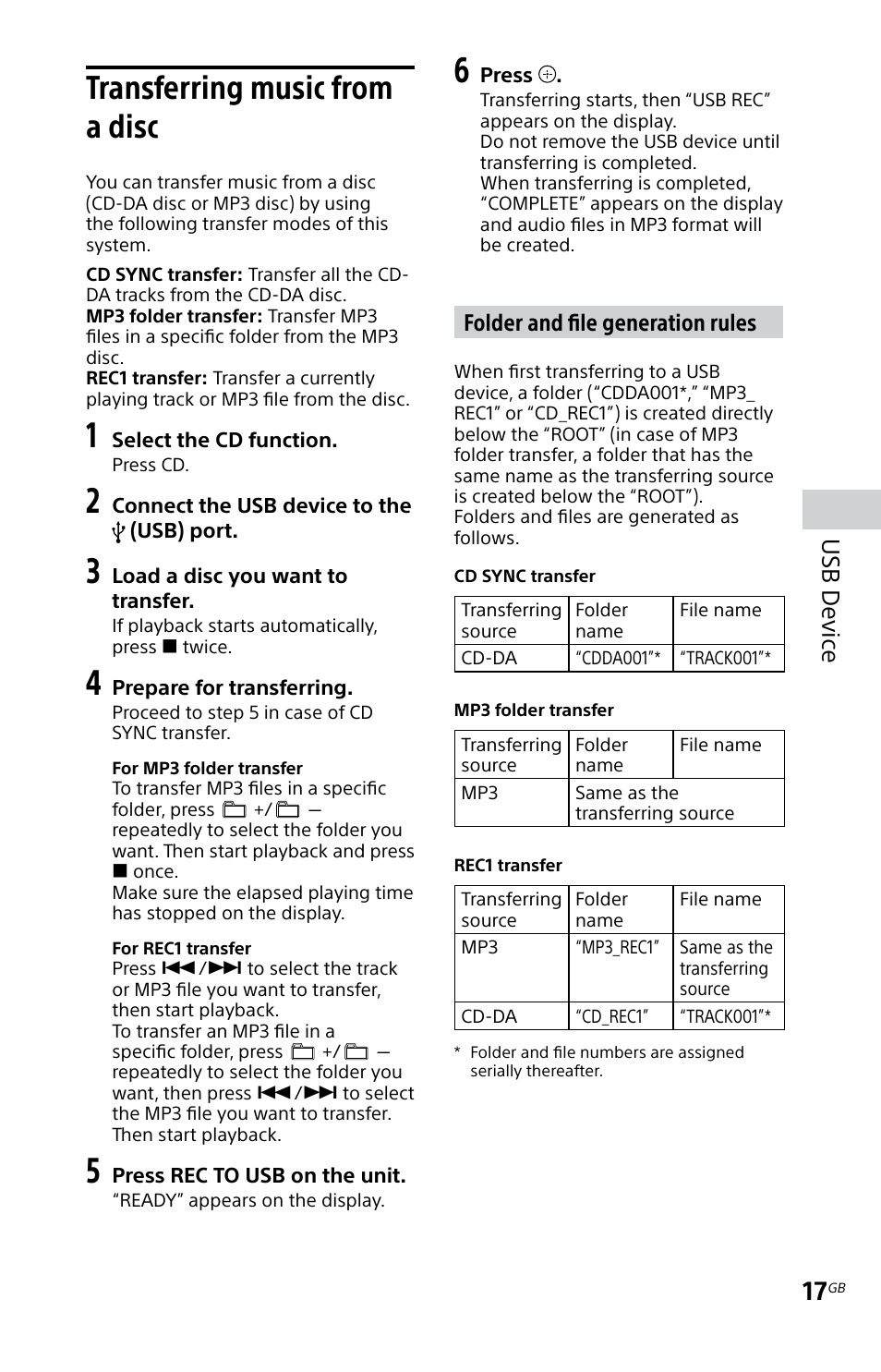 Transferring music from a disc, Transferring music from, A disc | Usb devic e, Folder and file generation rules | Sony MHC-EC619IP User Manual | Page 17 / 64