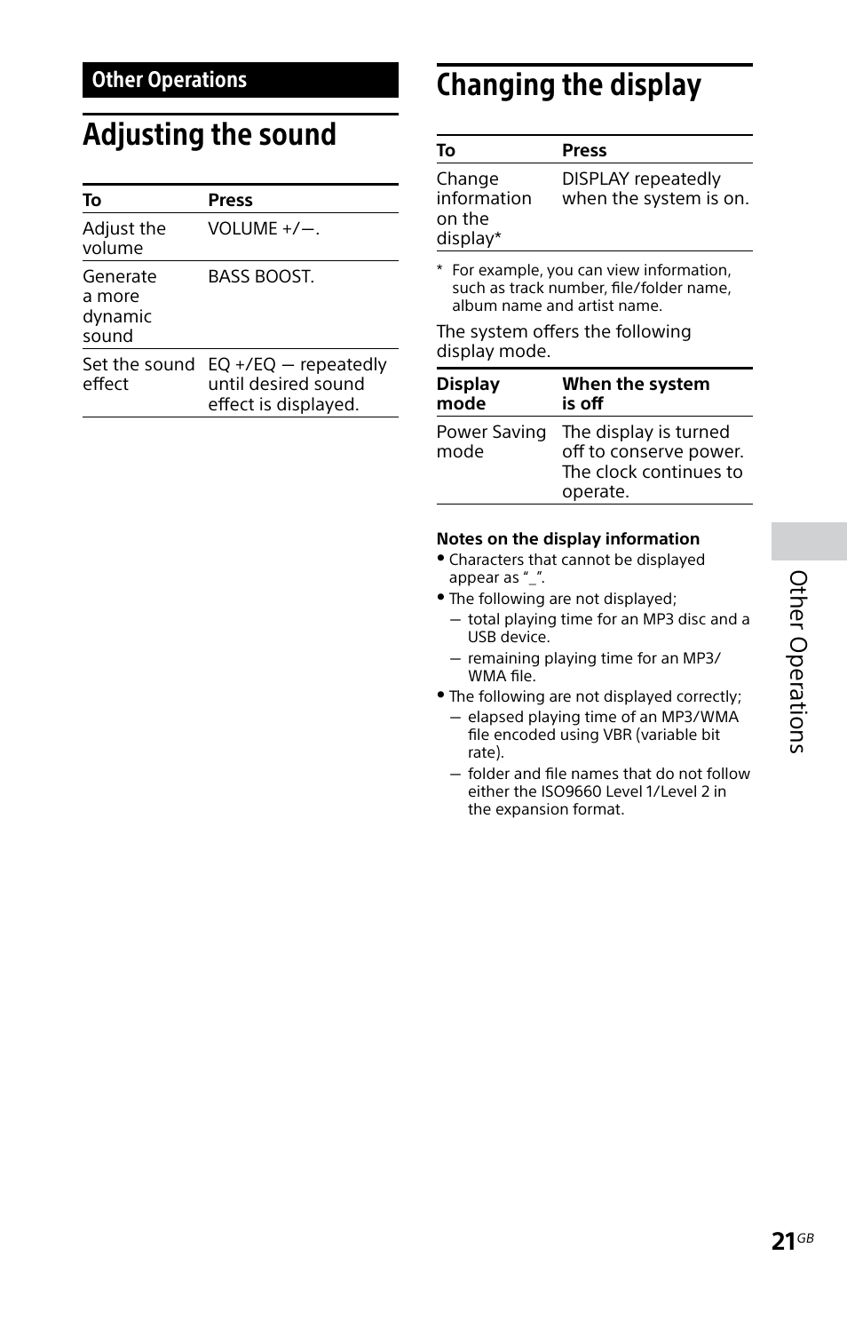 Other operations, Adjusting the sound, Changing the display | Adjusting the sound changing the display, Other oper ations | Sony MHC-EC619IP User Manual | Page 21 / 64