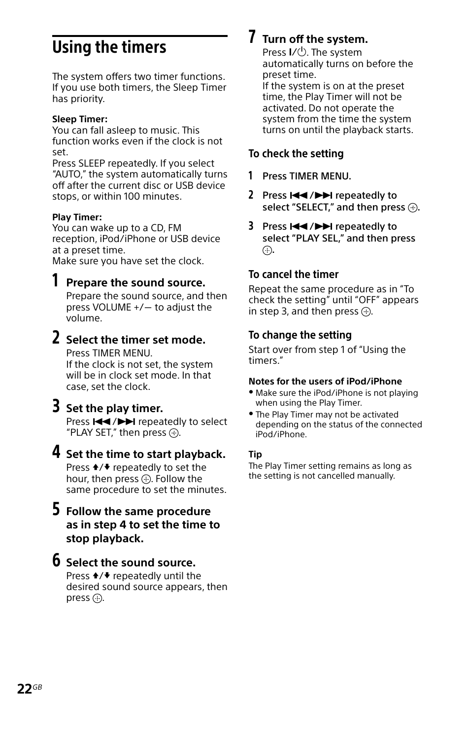 Using the timers | Sony MHC-EC619IP User Manual | Page 22 / 64