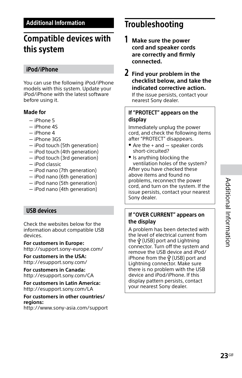 Additional information, Compatible devices with this system, Troubleshooting | Compatible devices with this, System troubleshooting, Additional inf orma tion | Sony MHC-EC619IP User Manual | Page 23 / 64