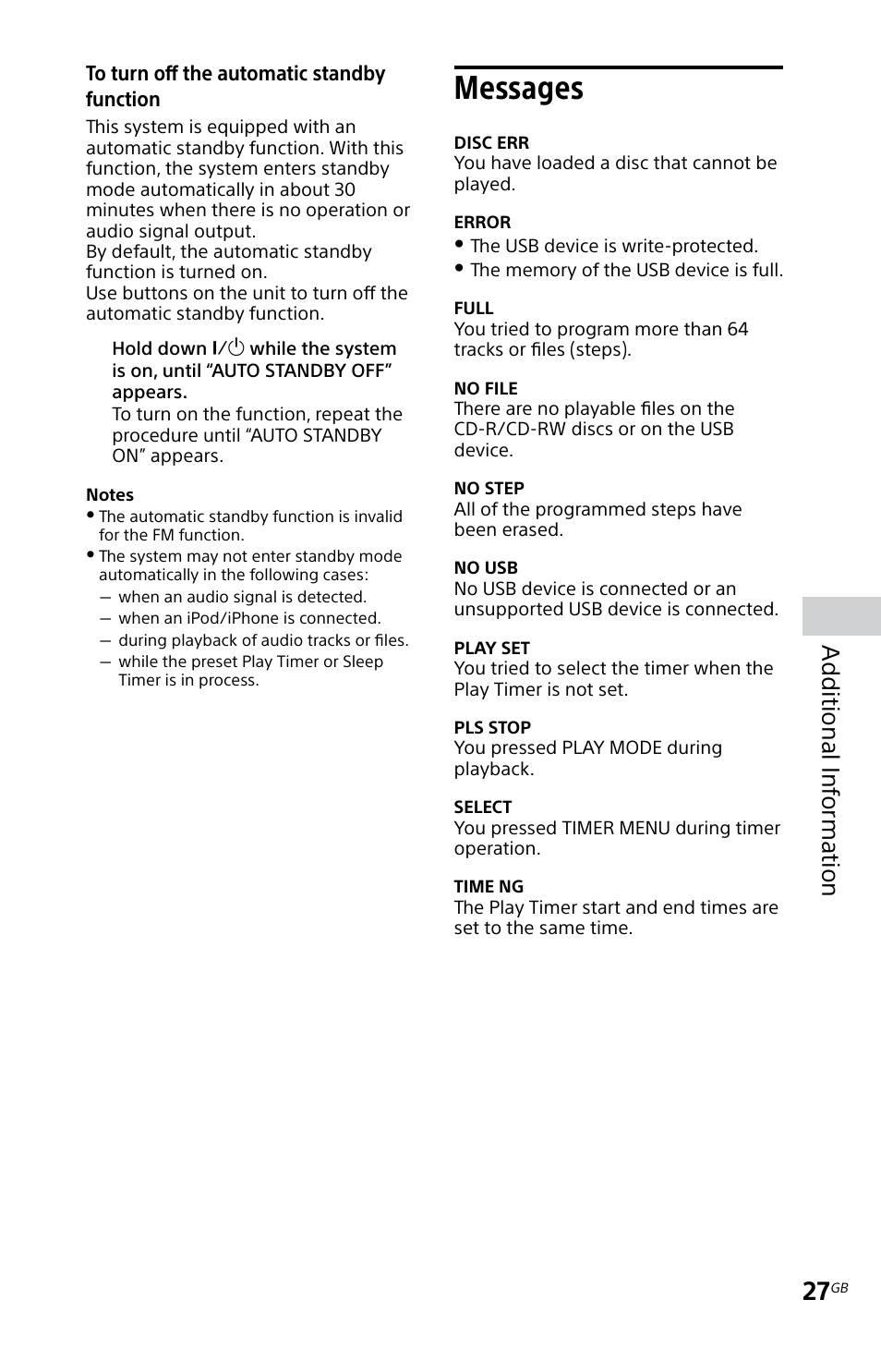 Messages, Additional inf orma tion | Sony MHC-EC619IP User Manual | Page 27 / 64