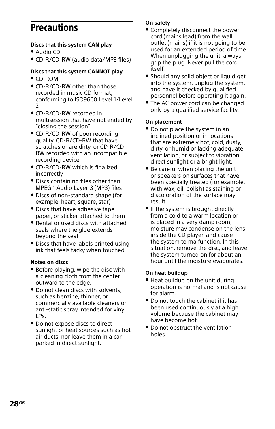 Precautions | Sony MHC-EC619IP User Manual | Page 28 / 64