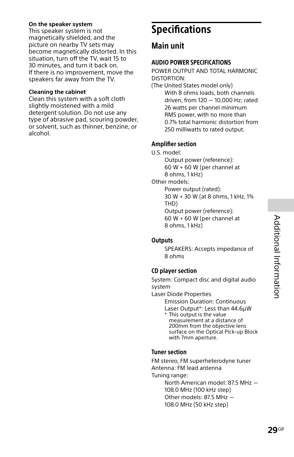 Specifications, Main unit, Additional inf orma tion | Sony MHC-EC619IP User Manual | Page 29 / 64