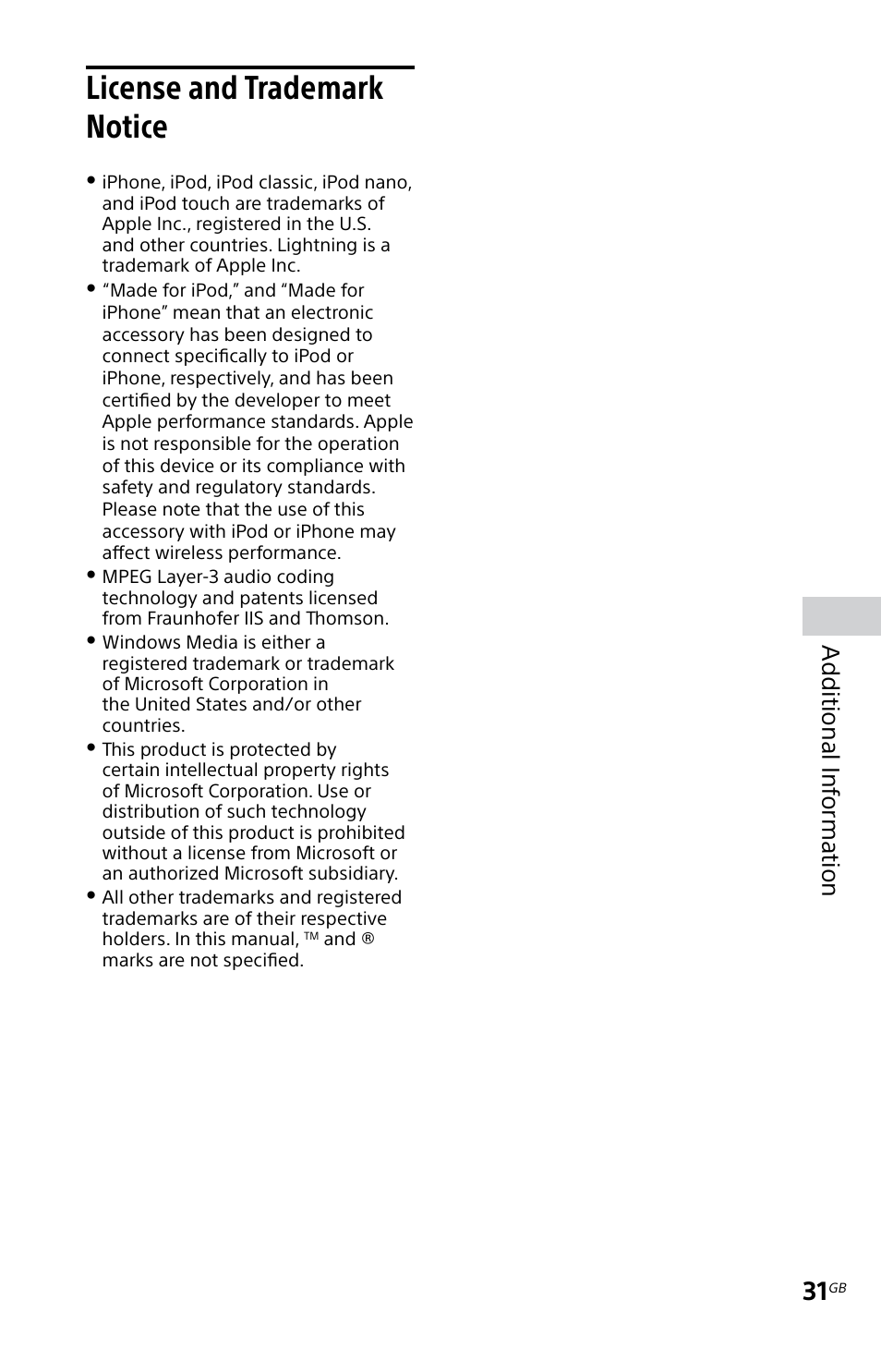 License and trademark notice, License and trademark, Notice | Additional inf orma tion | Sony MHC-EC619IP User Manual | Page 31 / 64