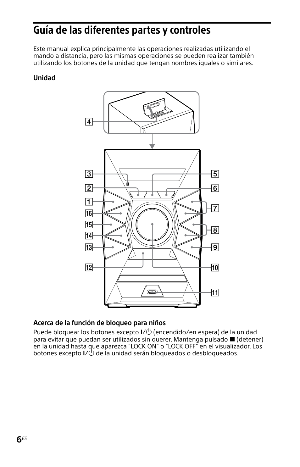 Guía de las diferentes partes y controles, Guía de las diferentes partes y, Controles | Sony MHC-EC619IP User Manual | Page 36 / 64