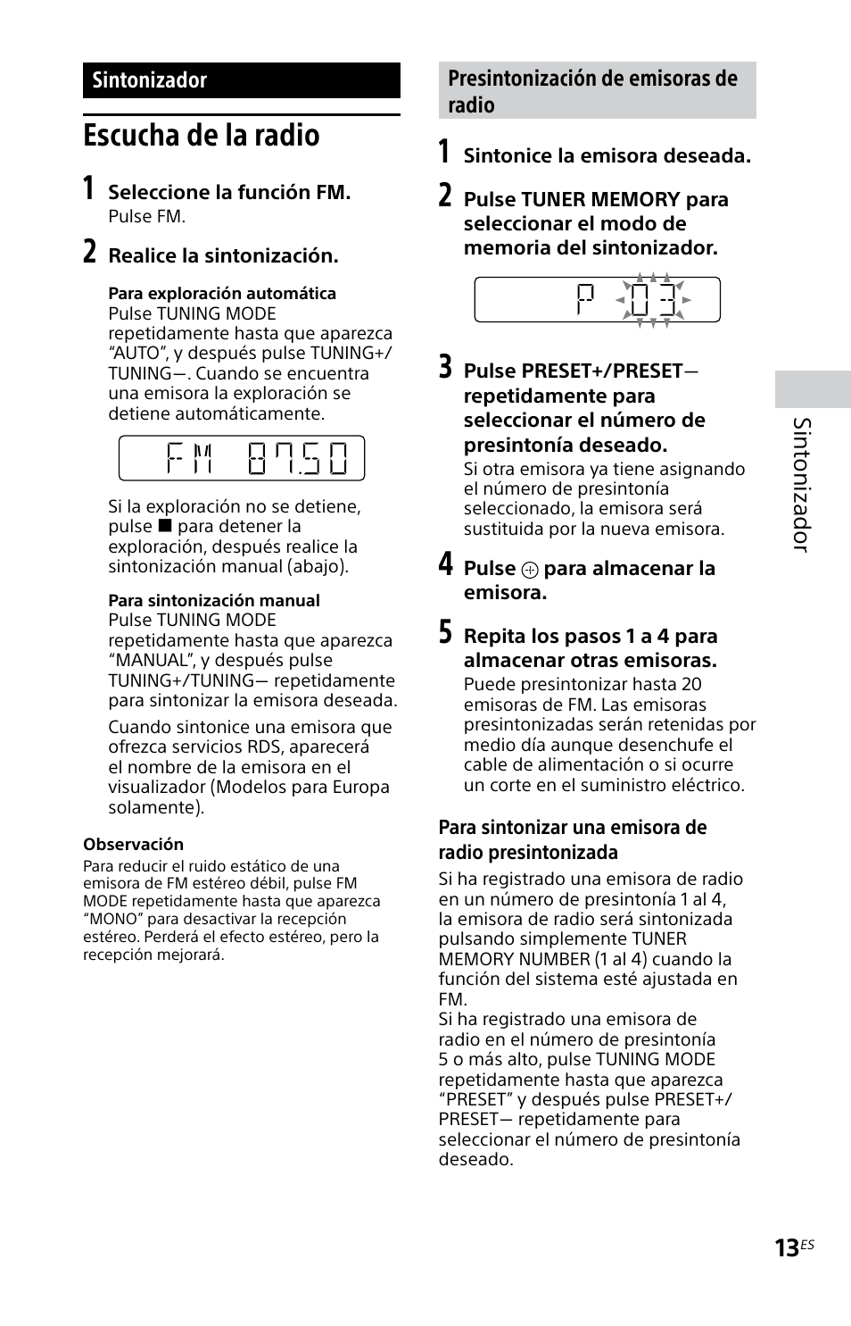 Sintonizador, Escucha de la radio, Sint onizador | Sony MHC-EC619IP User Manual | Page 43 / 64